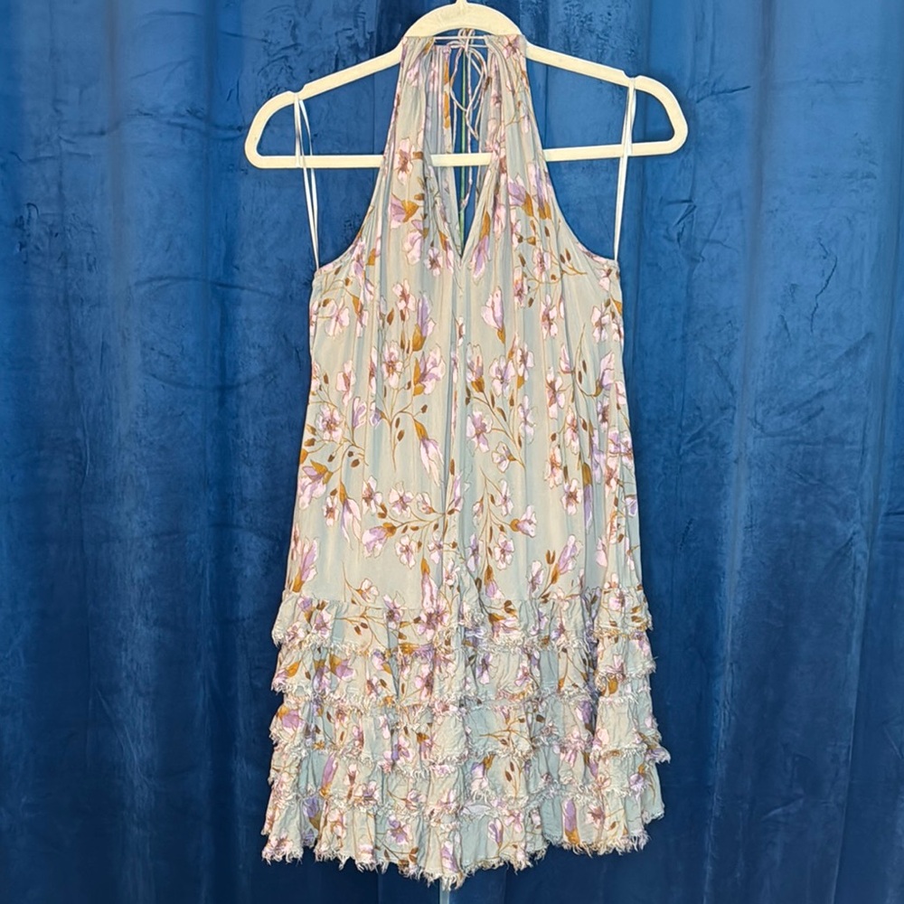 Free People Intimately Pale Green Halter Dress Ruffle Hem Floral Pattern XS